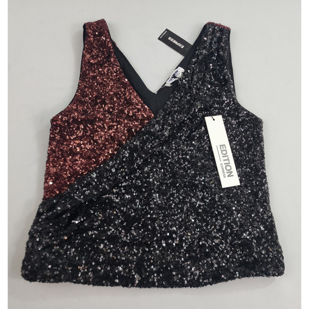 Express Edition Sequin Blouse Womens XS Black Red V-Neck Sleeveless Top 06413792